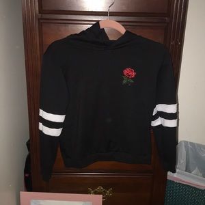 rose embroidered hoodie with white stripes